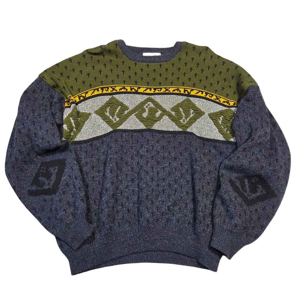 Vintage Jed Mens XL Wool‎ Blend Geometric Knit Sweater Navy Retro Grunge Chunky